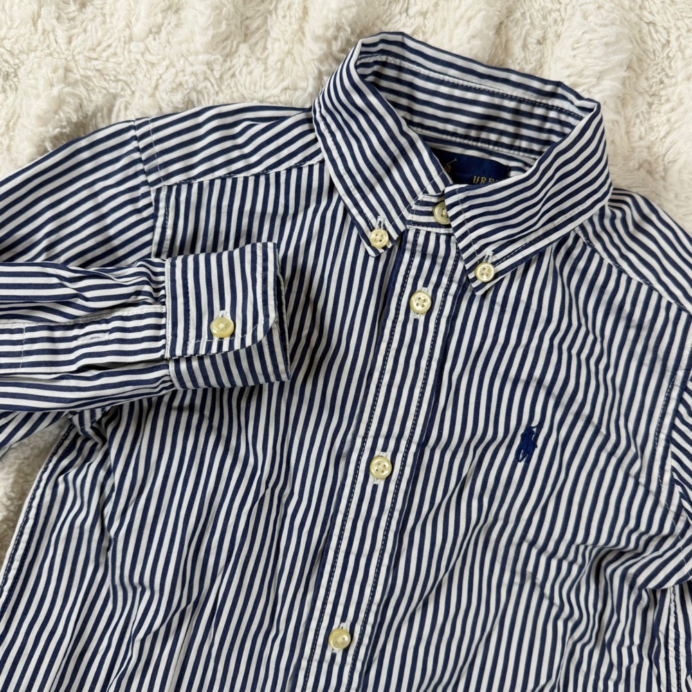 Ralph Lauren Boys Navy Blue White Striped Button Down Shirt Size 2T Long Sleeve